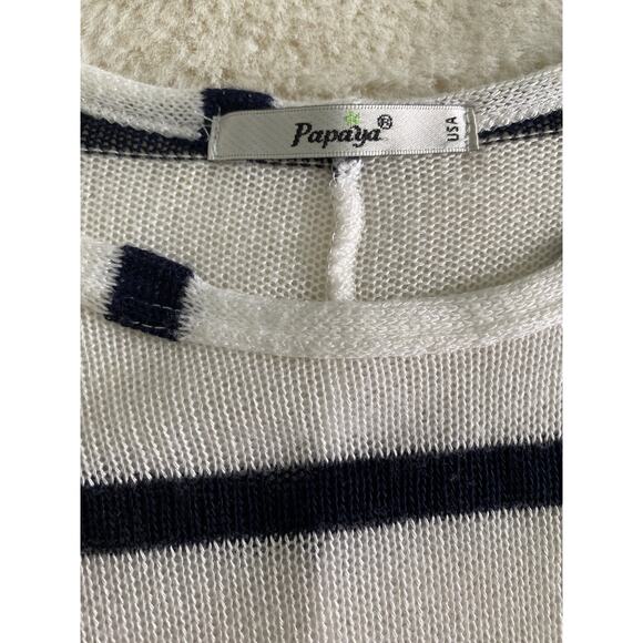 Papaya Semi Sheer Coastal Open Knit Black White Stripe Dolman 1/2 Sleeve Top Med - Picture 4 of 10